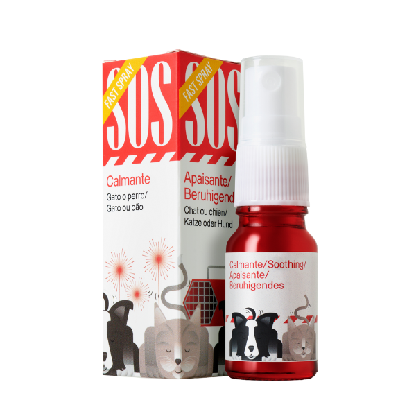 Caja y frasco del Spray SOS tranquilizante para mascotas